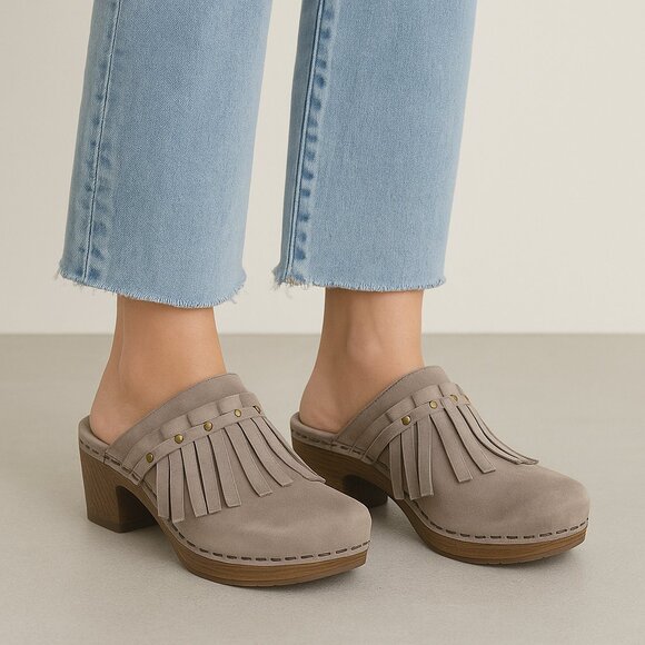 Dansko Shoes - Dansko Deni Gray Leather Suede Fringe Clogs